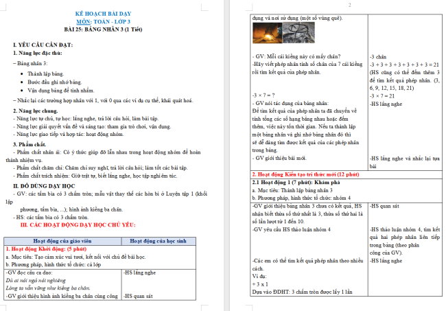 Giáo án Toán 3: Bảng nhân 3