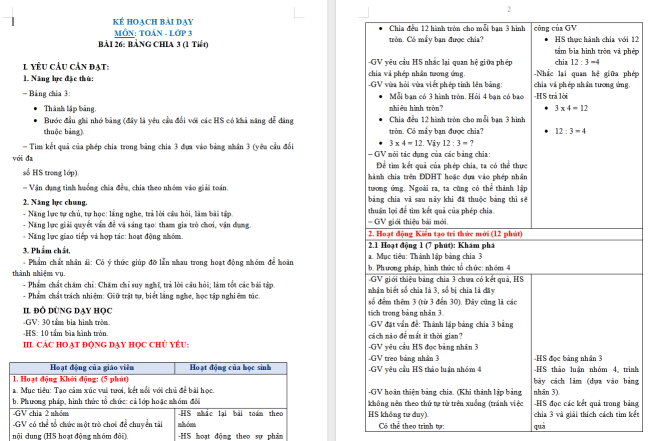 Giáo án Toán 3: Bảng chia 3