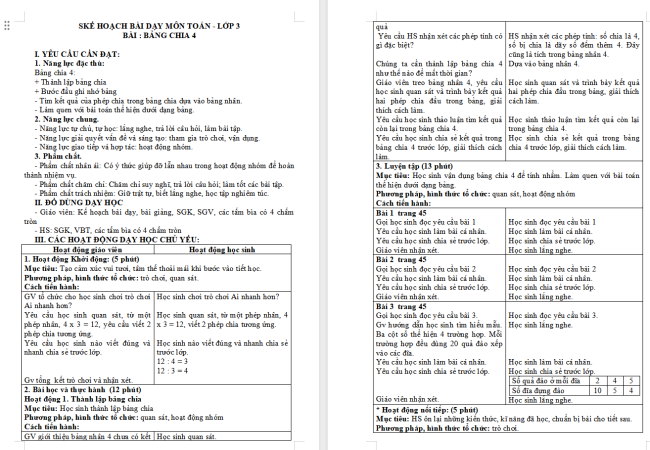 Giáo án Toán 3: Bảng chia 4