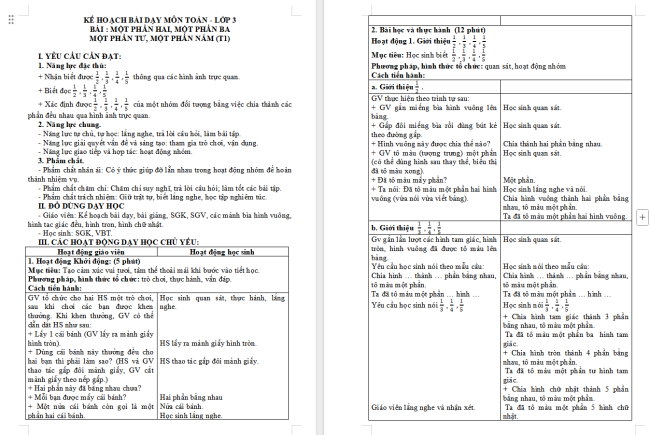 Giáo án Toán 3: Một phần hai, một phần ba, một phần tư, một phần năm