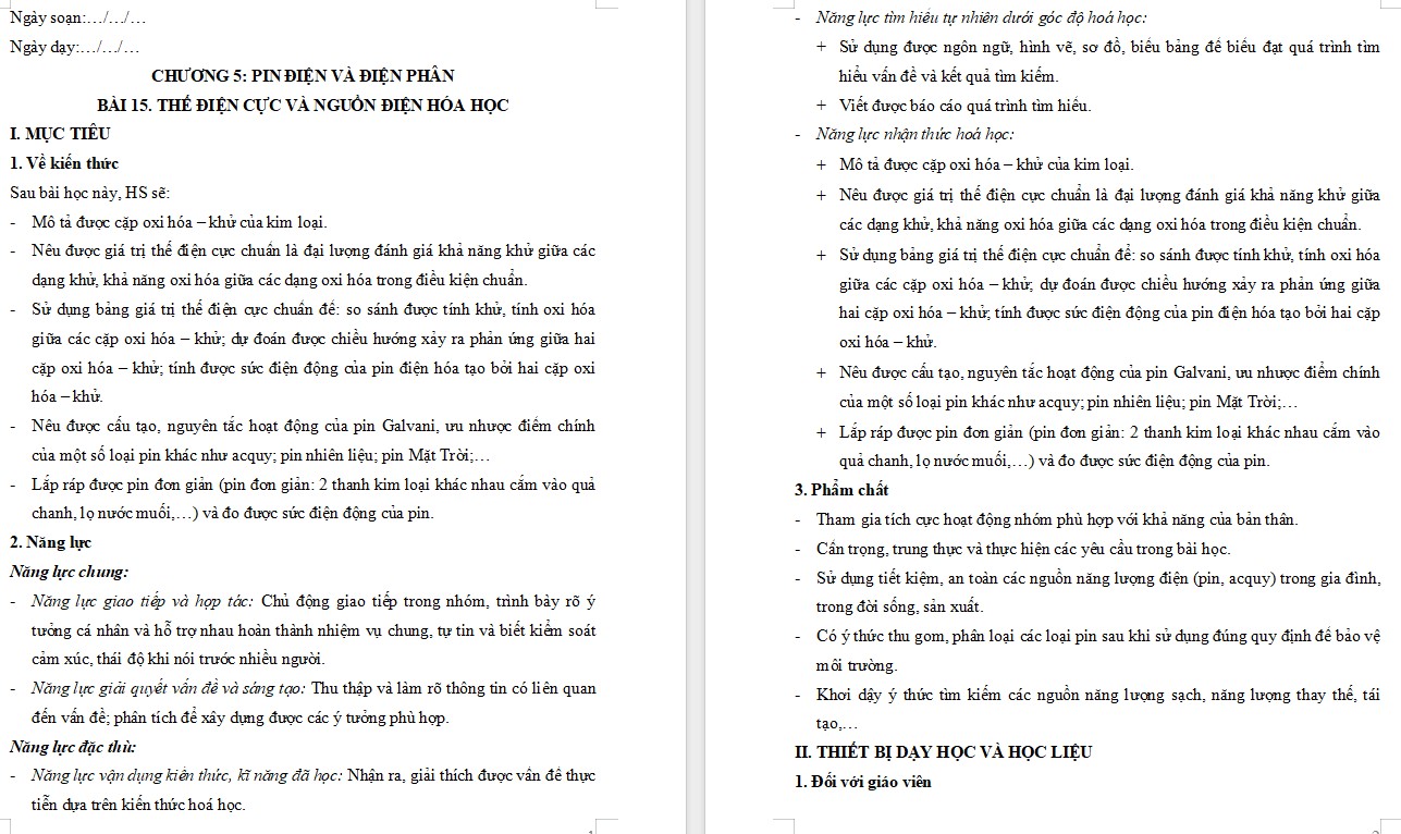 Giáo án Bài 15 Hóa 12 Kết nối tri thức