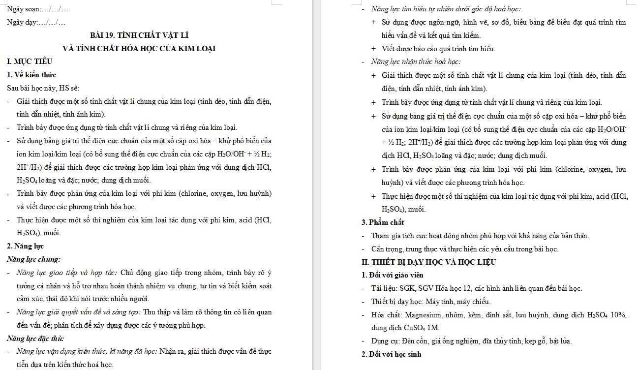 Giáo án Bài 19 Hóa 12 Kết nối tri thức