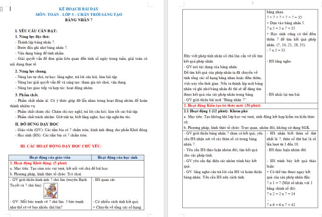 Giáo án Toán 3: Bảng nhân 7