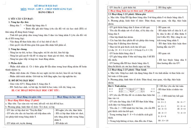 Giáo án Toán 3: Bảng chia 8