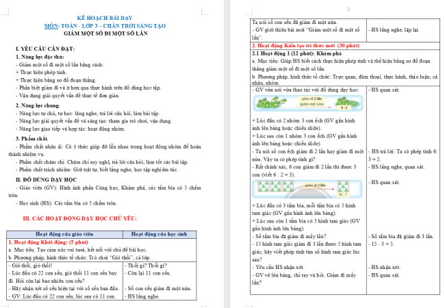 Giáo án Toán 3: Giảm một số đi một số lần
