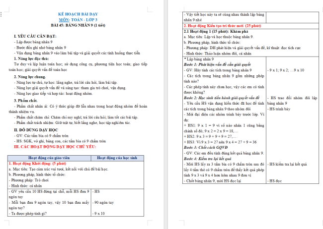 Giáo án Toán 3: Bảng nhân 9