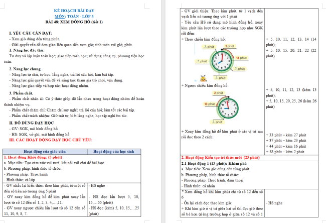Giáo án Toán 3: Xem đồng hồ trang 71