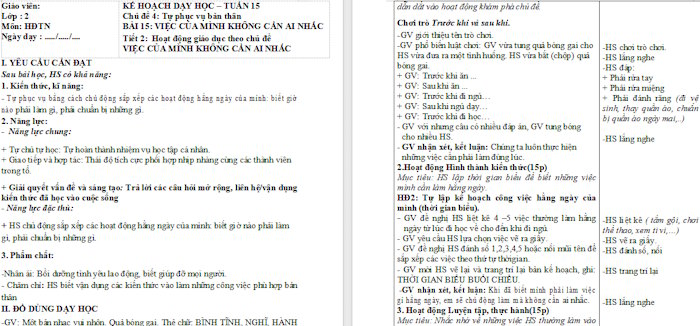 Giáo án Hoạt động trải nghiệm 2 Việc làm của mình không cần ai nhắc