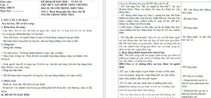 Giáo án Hoạt động trải nghiệm 2 Người trong một nhà