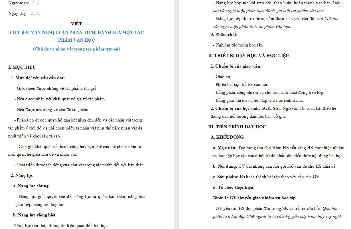 KHBD Ngữ văn 10 Bài Viết bài văn nghị luận, phân tích đánh giá về một tác phẩm văn học