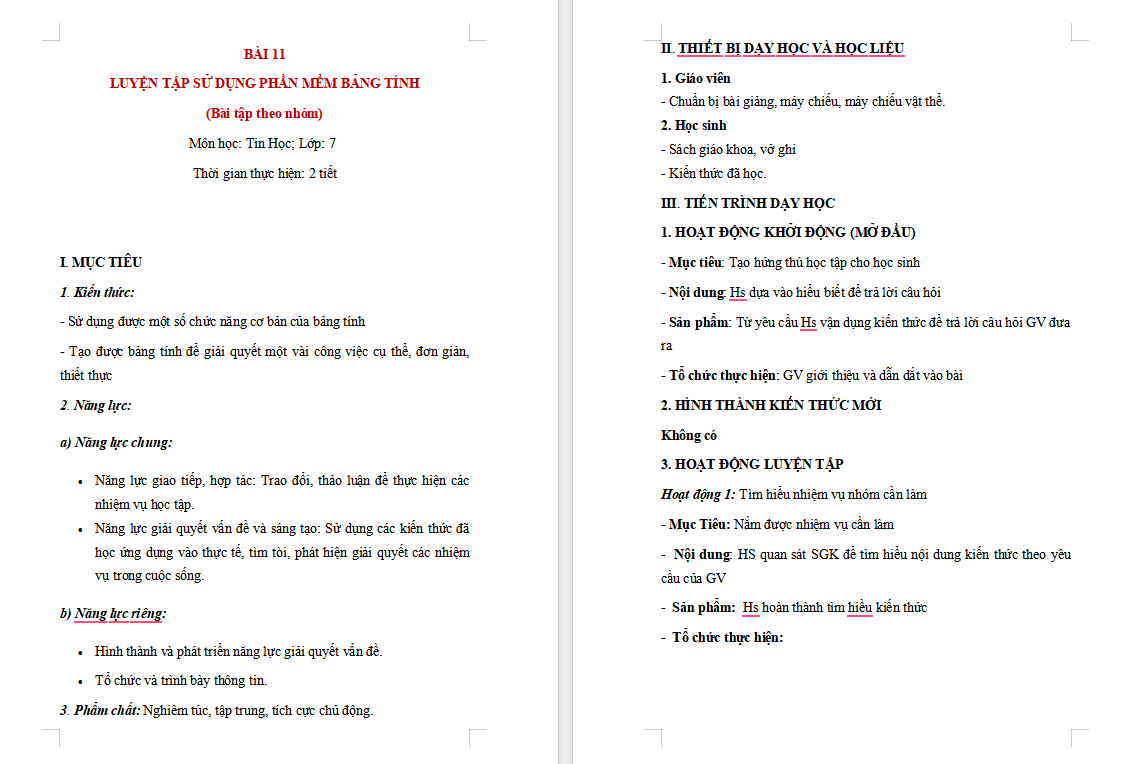 Tin học 7 Bài 11: Luyện tập sử dụng phần mềm bảng tính 
