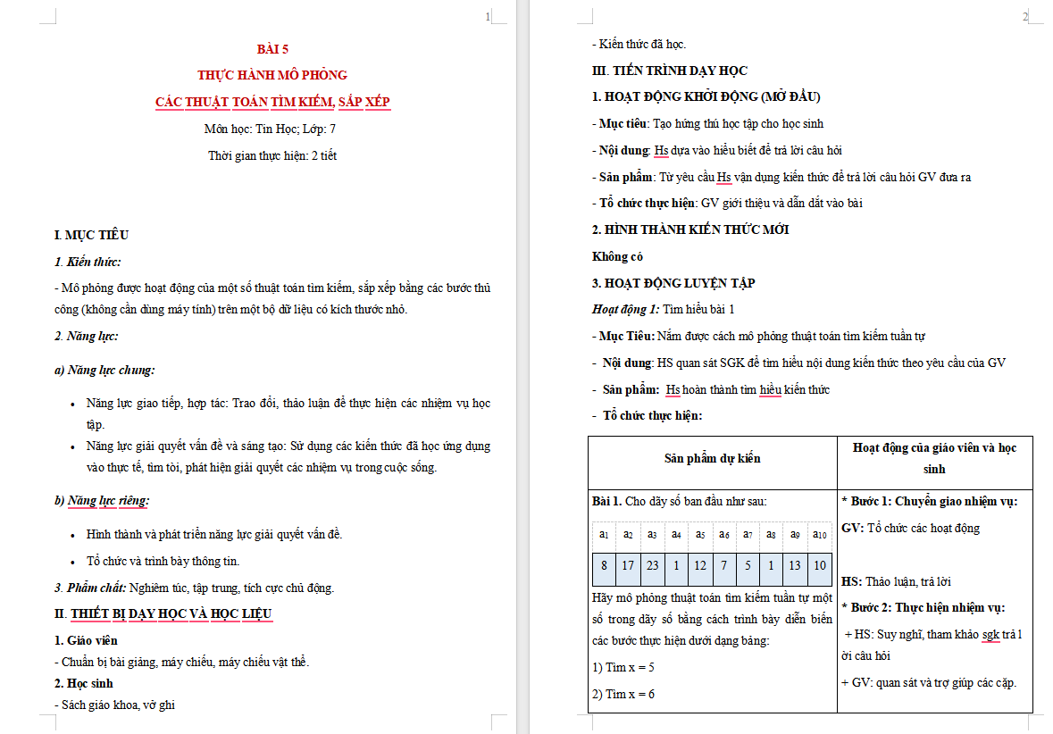 Tin học 7 Bài 5: Thực hành mô phỏng các thuật toán tìm kiếm sắp xếp