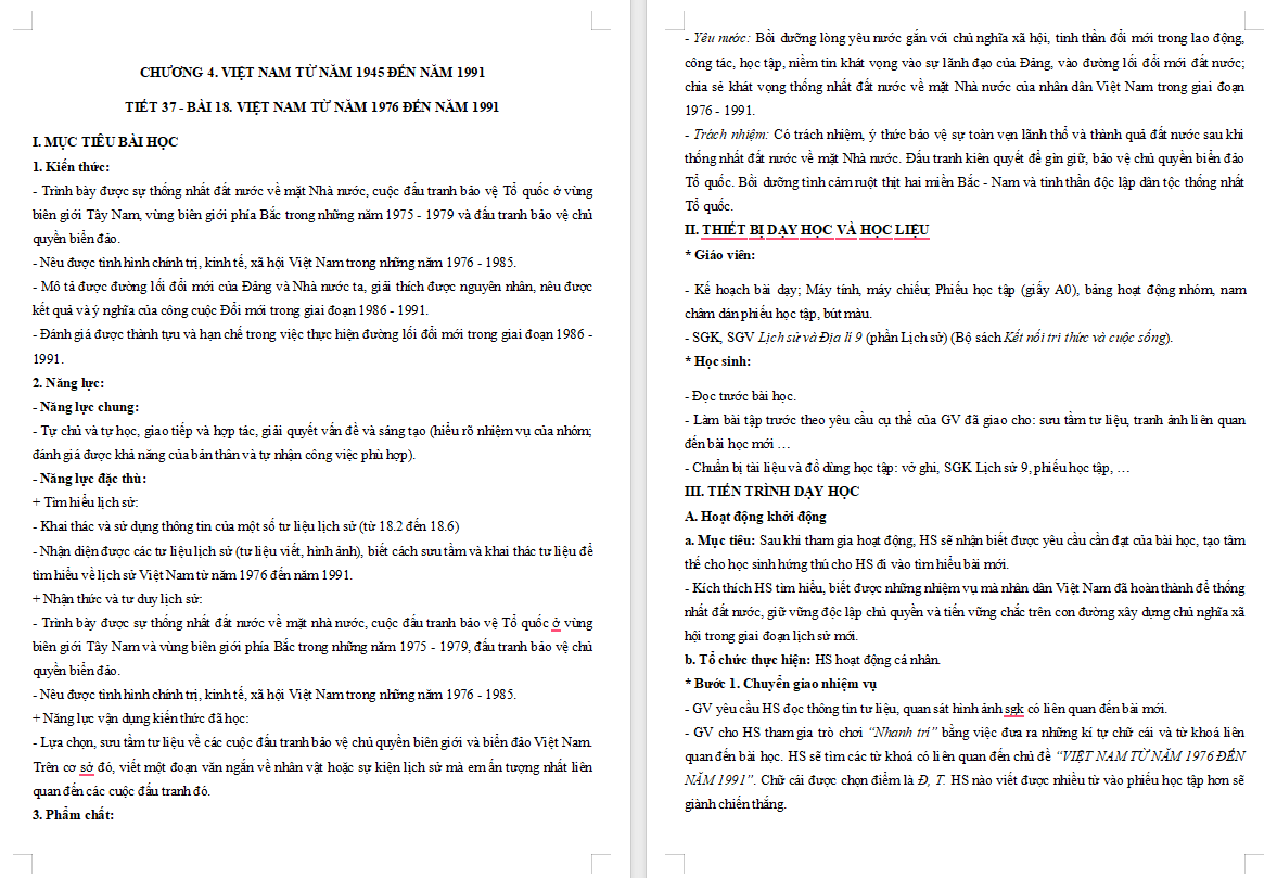 Giáo án Lịch sử 9 Bài 18: Việt Nam từ năm 1976 đến năm 1991