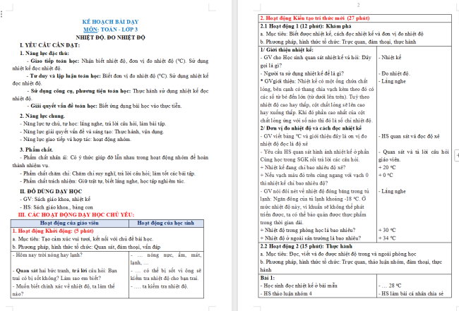 Giáo án Toán 3: Nhiệt độ. Đo nhiệt độ