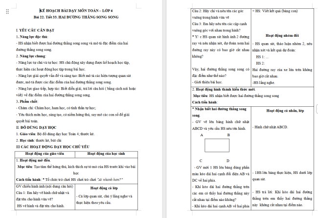 Giáo án Toán 4 Bài 22: Hai đường thẳng song song. Vẽ hai đường thẳng song song