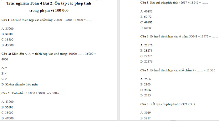 Trắc nghiệm Toán 4 Kết nối tri thức Bài 2: Ôn tập các phép tính trong phạm vi 100 000