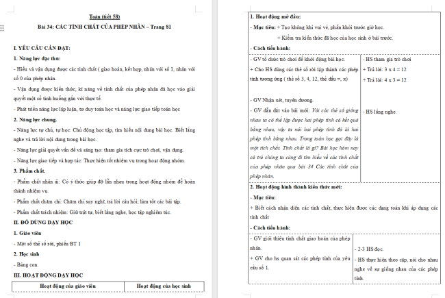 Giáo án Toán 4 Bài 34: Các tính chất của phép nhân
