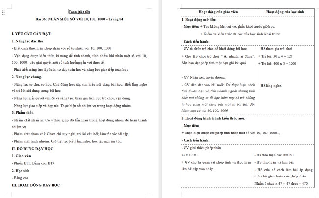 Giáo án Toán 4 Bài 36: Nhân với 10, 100, 1 000,…