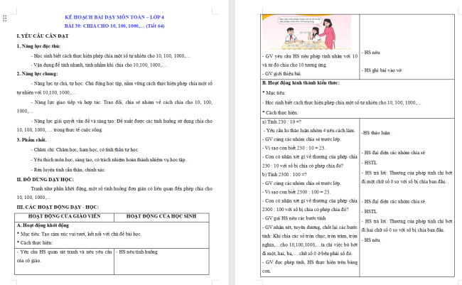 Giáo án Toán 4 Bài 39: Chia cho 10, 100, 1 000,…