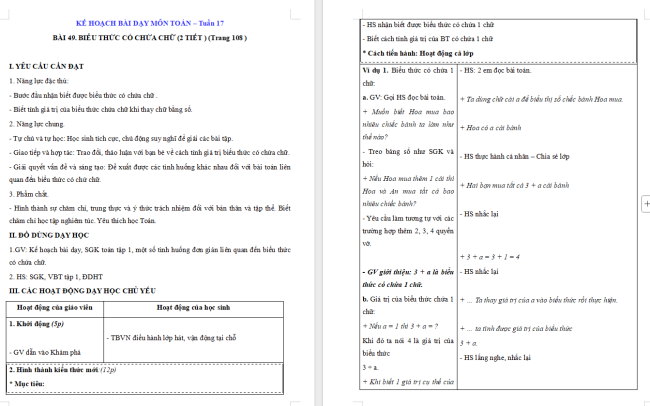 Giáo án Toán 4 Bài 49: Biểu thức có chứa chữ