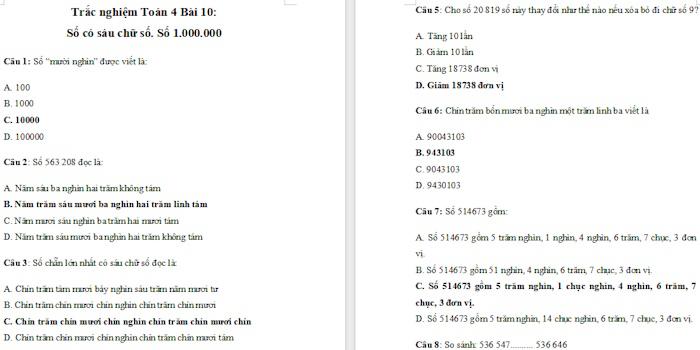Trắc nghiệm Toán 4 Kết nối tri thức Bài 10: Số có sáu chữ số. Số 1 000 000