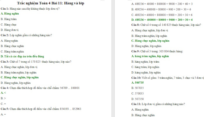 Trắc nghiệm Toán 4 Kết nối tri thức Bài 11: Hàng và lớp