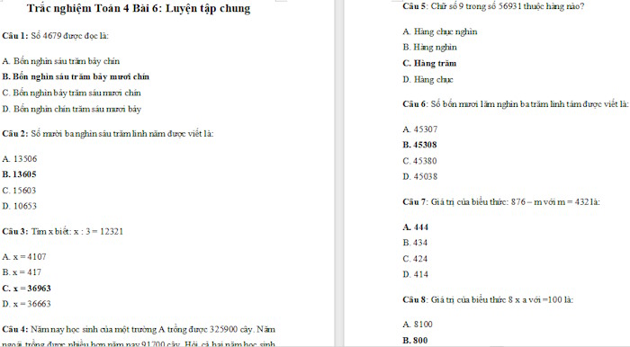 Trắc nghiệm Toán 4 Kết nối tri thức Bài 6: Luyện tập chung