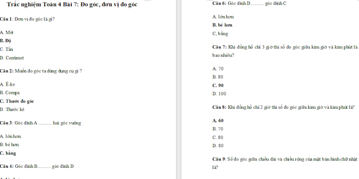 Trắc nghiệm Toán 4 Kết nối tri thức Bài 7: Đo góc, đơn vị đo góc