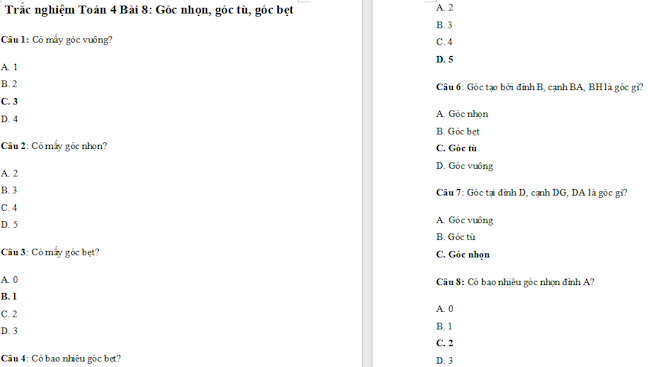 Trắc nghiệm Toán 4 Kết nối tri thức Bài 8: Góc nhọn, góc tù, góc bẹt