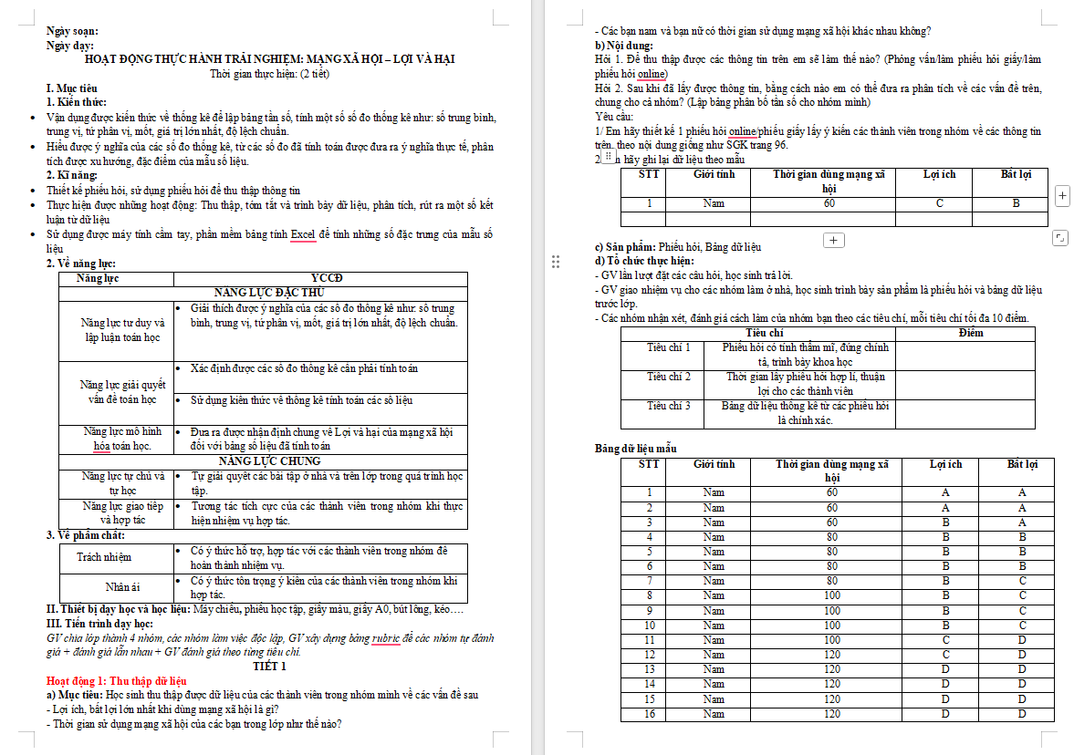 Giáo án Toán 10 Mạng xã hội Lợi và hại