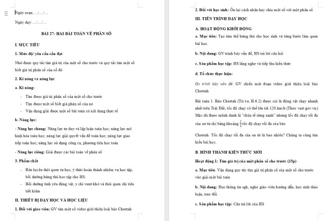Giáo án Toán 6 Bài 27: Hai bài toán về phân số
