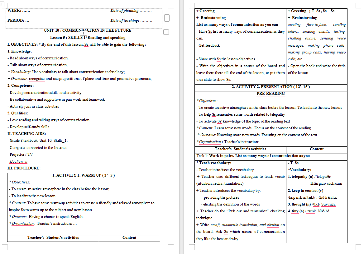 Giáo án Tiếng Anh 8 Unit 10: Skills 1