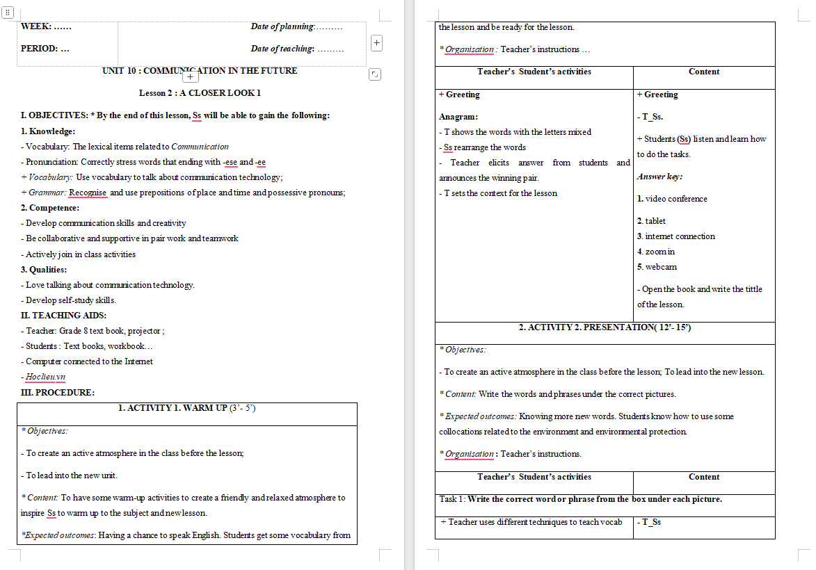Giáo án Tiếng Anh 8 Unit 10: A Closer Look 1