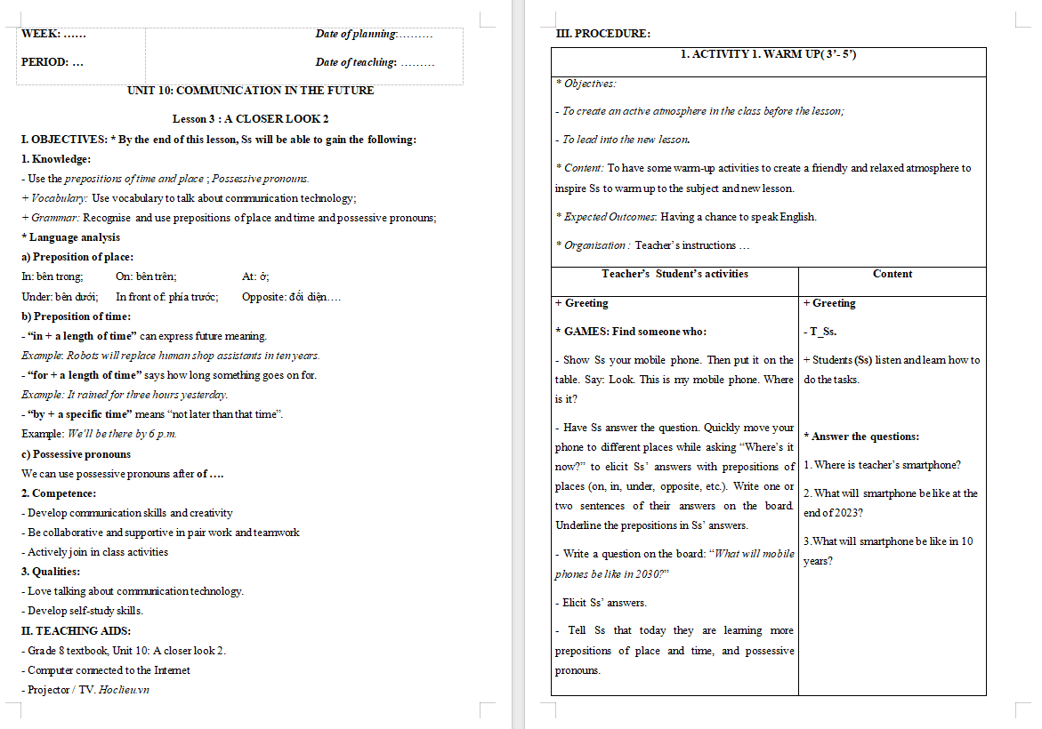 Giáo án Tiếng Anh 8 Unit 10: A Closer Look 2