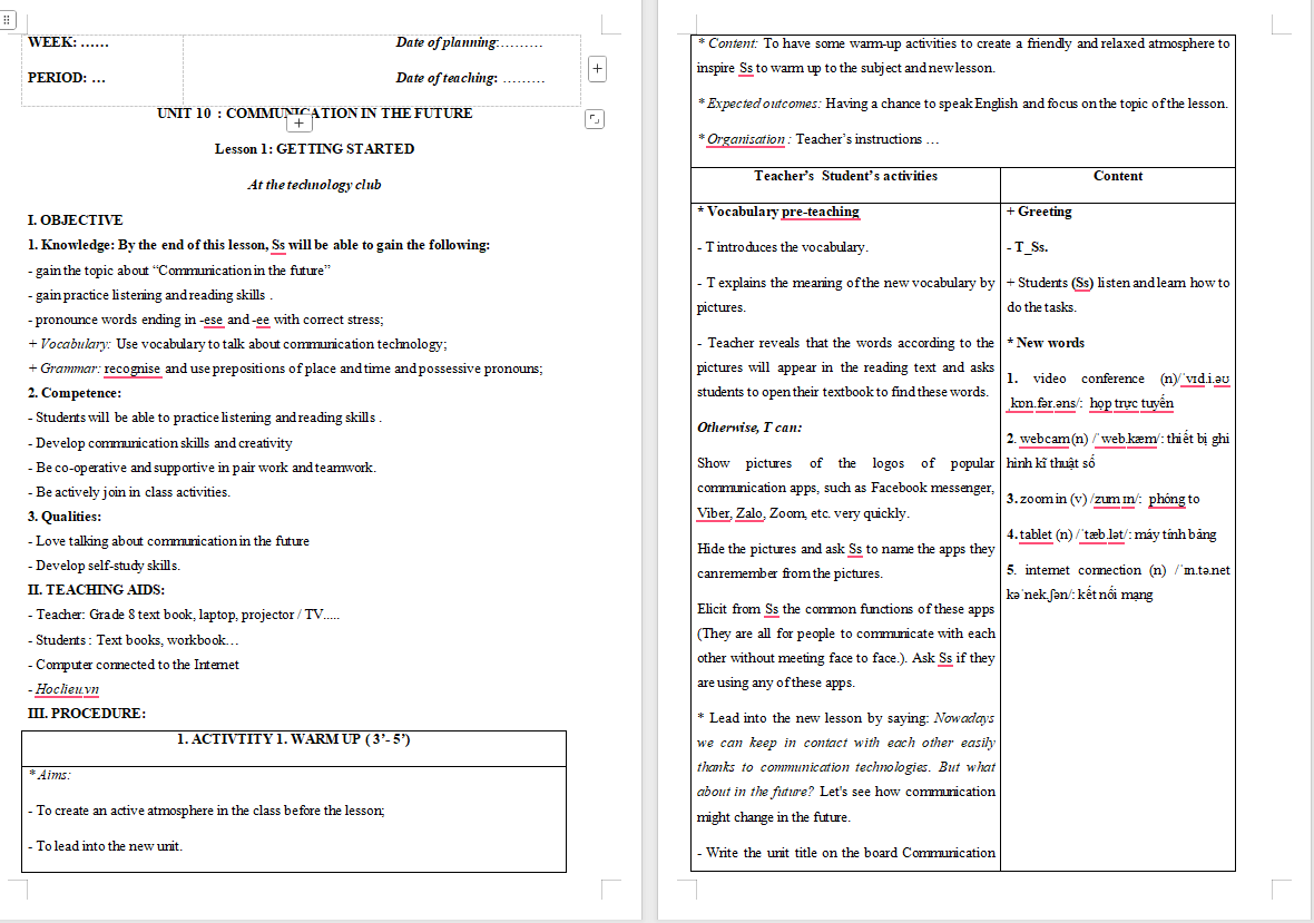 Giáo án Tiếng Anh 8 Unit 10: Getting Started