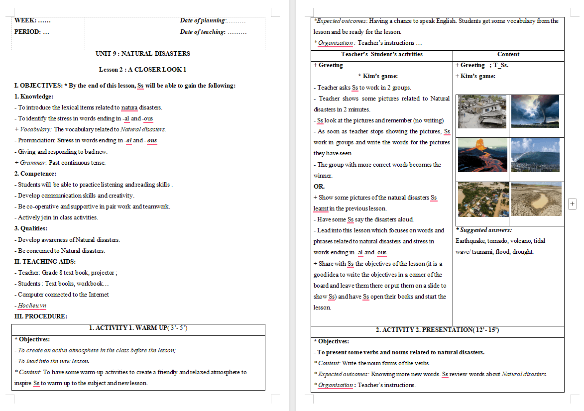 Giáo án Tiếng Anh 8 Unit 9: A Closer Look 1