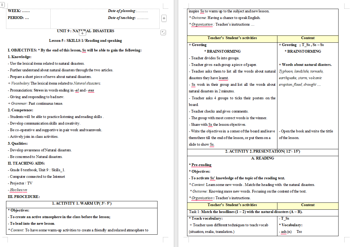 Giáo án Tiếng Anh 8 Unit 9: Skills 1