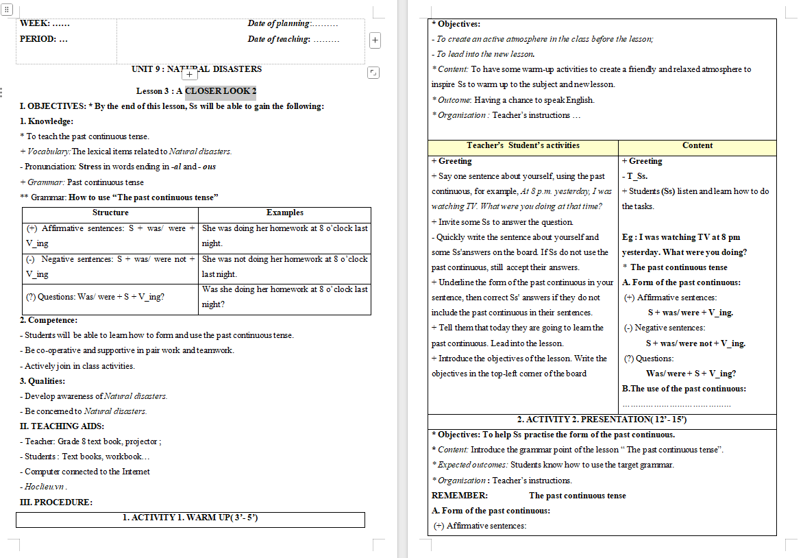 Giáo án Tiếng Anh 8 Unit 9: A Closer Look 2
