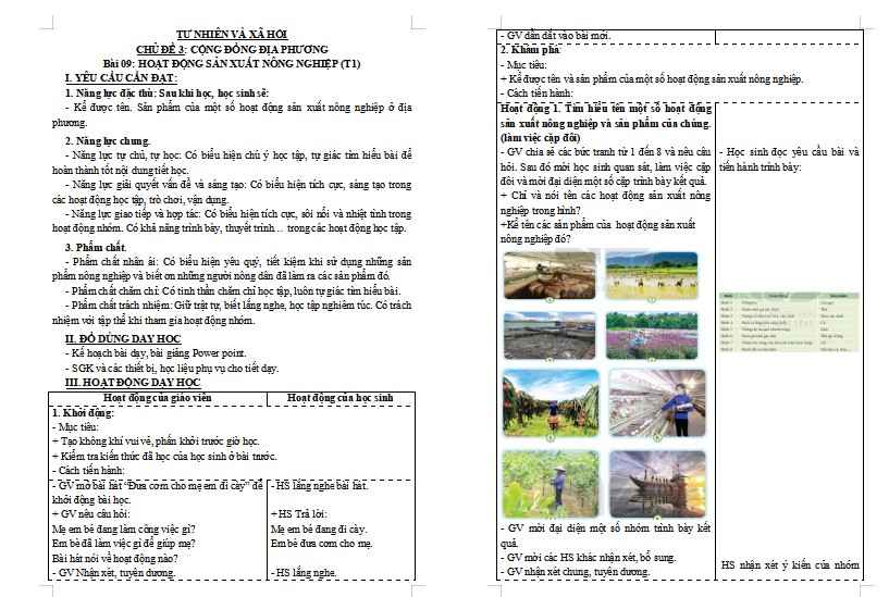 Giáo án Tự nhiên và xã hội lớp 3 Bài 9: Hoạt động sản xuất nông nghiệp
