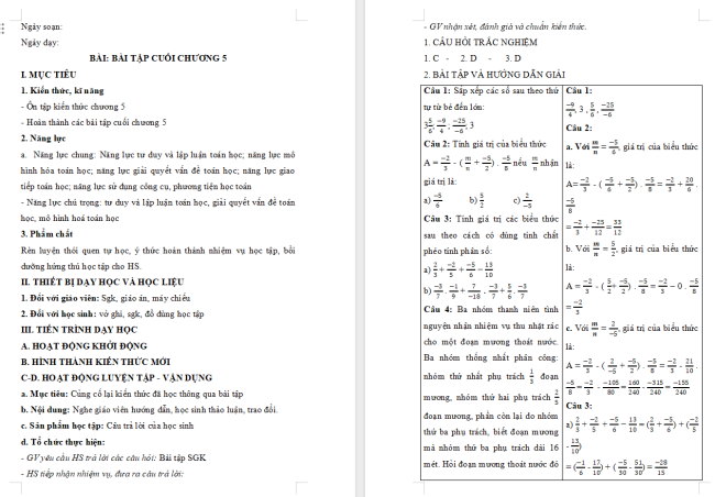 Giáo án Toán 6 Bài tập cuối chương 5