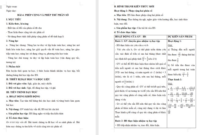 Giáo án Toán 6 Bài 4: Phép cộng và phép trừ phân số