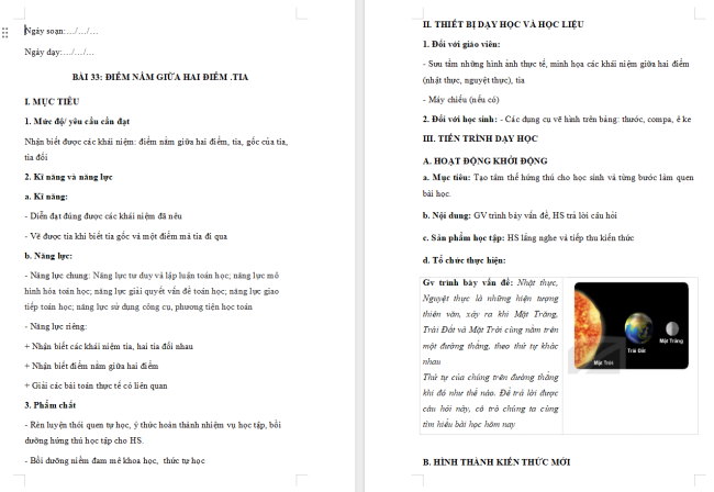 Giáo án Toán 6 Bài 33: Điểm nằm giữa hai điểm. Tia