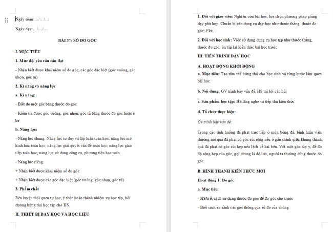 Giáo án Toán 6 Bài 37: Số đo góc