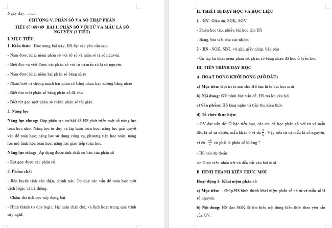 Giáo án Toán 6 Bài 1: Phân số với tử và mẫu là số nguyên
