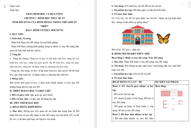 Giáo án Toán 6 Bài 1: Hình có trục đối xứng