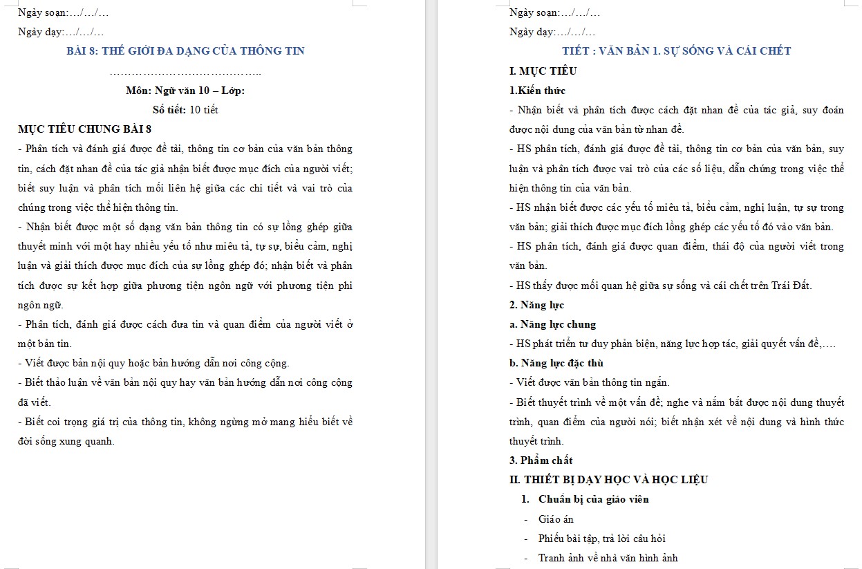 KHBD Ngữ văn 10 Bài Sự sống và cái chết