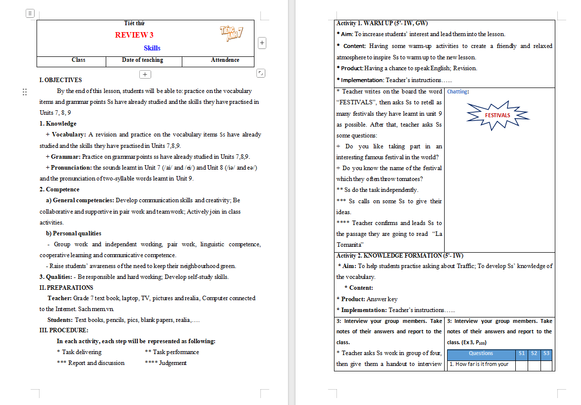 Giáo án Tiếng Anh 7 Review 3: Skills