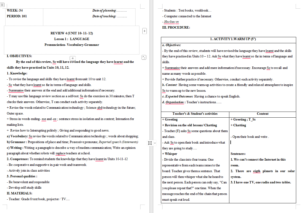 Giáo án Tiếng Anh 8 Review 4: Language