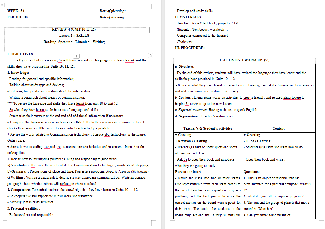 Giáo án Tiếng Anh 8 Review 4: Skills