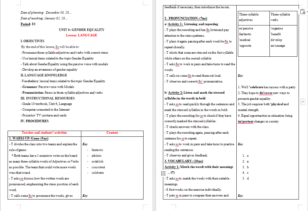 Giáo án Tiếng Anh 10 Unit 6: Language
